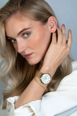Online Zinzi Retro horloge witte parelmoer wijzerplaat en geelgoudkleurige stalen kast stalen mesh band geelgoudkleurig 38mm extra dun ZIW448M