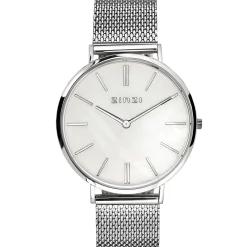 Clearance Zinzi Retro horloge witte parelmoer wijzerplaat met zilverkleurige wijzers en stalen mesh band 38mm extra dun ZIW417M