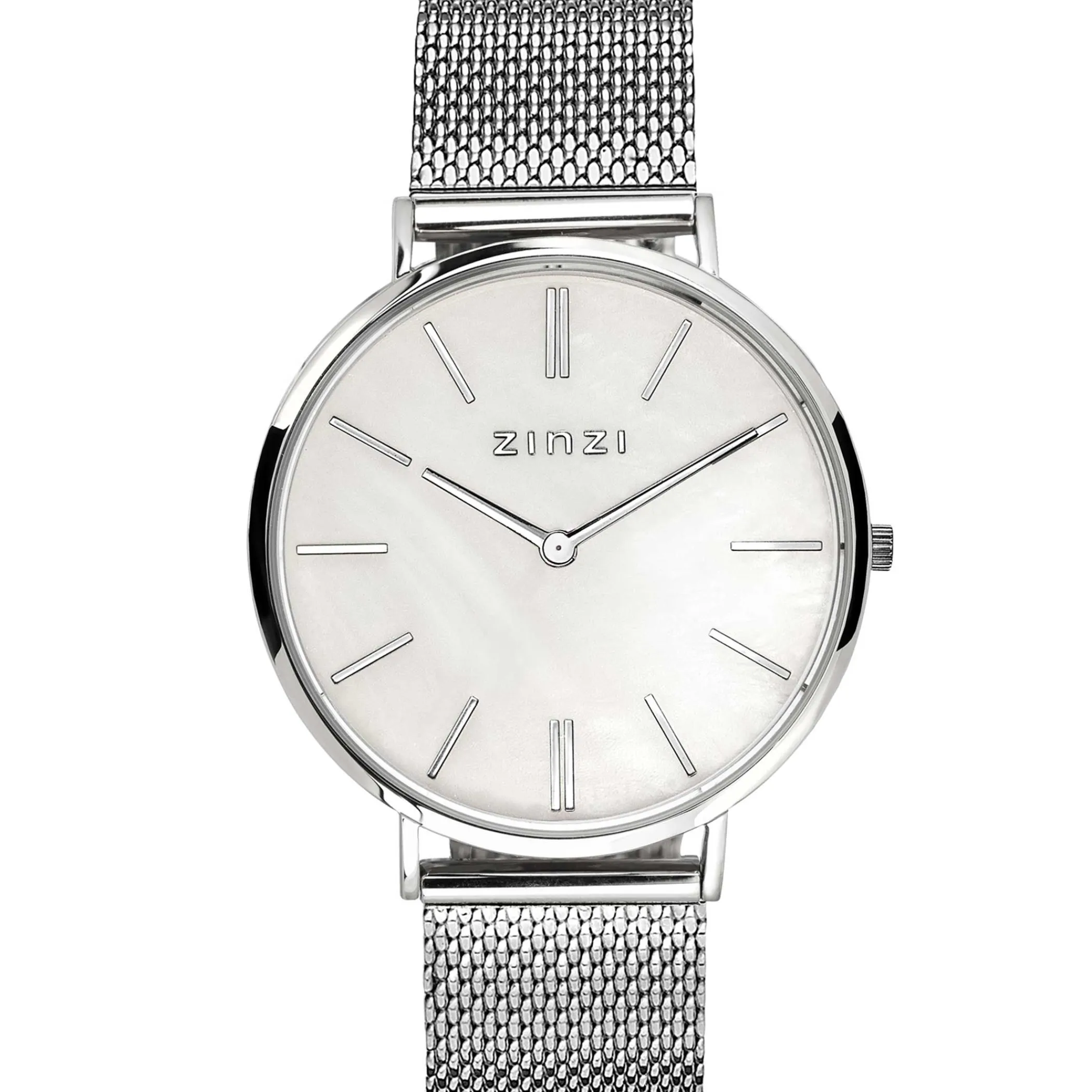 Clearance Zinzi Retro horloge witte parelmoer wijzerplaat met zilverkleurige wijzers en stalen mesh band 38mm extra dun ZIW417M