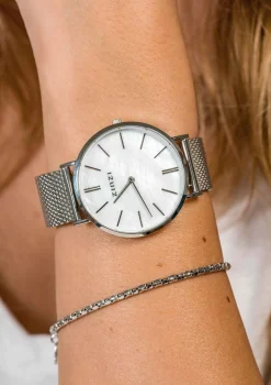 Clearance Zinzi Retro horloge witte parelmoer wijzerplaat met zilverkleurige wijzers en stalen mesh band 38mm extra dun ZIW417M