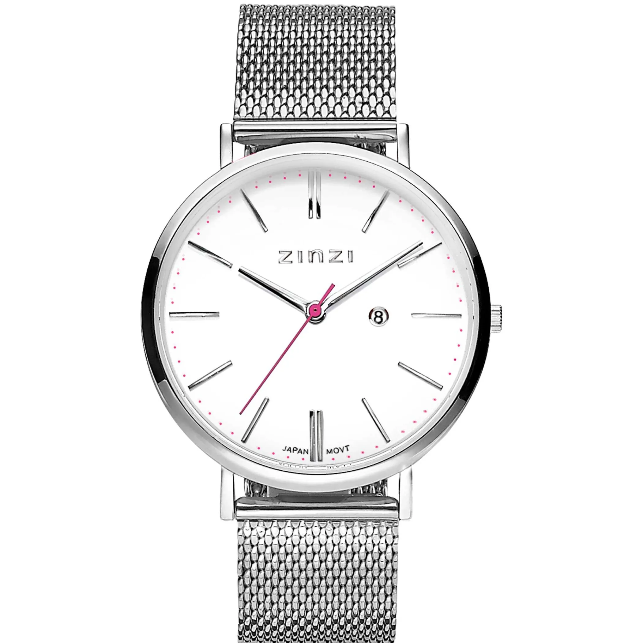 Best Zinzi Retro horloge witte wijzerplaat stalen kast zilvergekleurd stalen mesh band zilvergekleurd 38mm extra dun ZIW406M