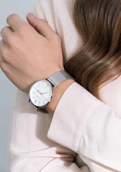 Best Zinzi Retro horloge witte wijzerplaat stalen kast zilvergekleurd stalen mesh band zilvergekleurd 38mm extra dun ZIW406M