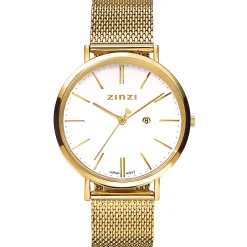 Zinzi Retro horloge witte wijzerplaat en geelgoudkleurige stalen kast stalen mesh band geelgoudkleurig 38mm extra dun ZIW407M
