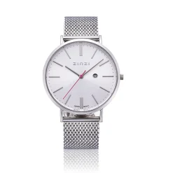Discount Zinzi Retro horloge zilvergekleurde wijzerplaat en kast stalen mesh band 38mm extra dun ZIW402M