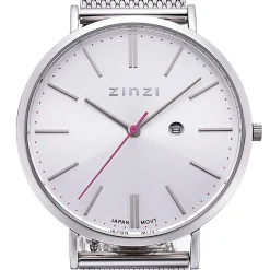 Discount Zinzi Retro horloge zilvergekleurde wijzerplaat en kast stalen mesh band 38mm extra dun ZIW402M