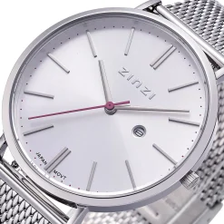 Discount Zinzi Retro horloge zilvergekleurde wijzerplaat en kast stalen mesh band 38mm extra dun ZIW402M