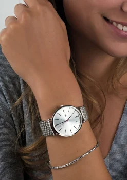 Discount Zinzi Retro horloge zilvergekleurde wijzerplaat en kast stalen mesh band 38mm extra dun ZIW402M