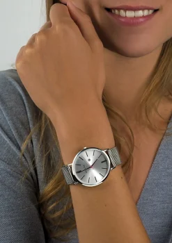 Discount Zinzi Retro horloge zilvergekleurde wijzerplaat en kast stalen mesh band 38mm extra dun ZIW402M