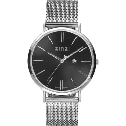 Online Zinzi Retro horloge zwarte wijzerplaat zilvergekleurde kast stalen mesh band 38mm extra dun ZIW401M