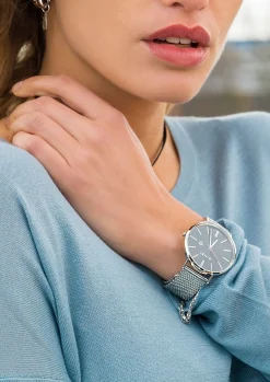 Online Zinzi Retro horloge zwarte wijzerplaat zilvergekleurde kast stalen mesh band 38mm extra dun ZIW401M