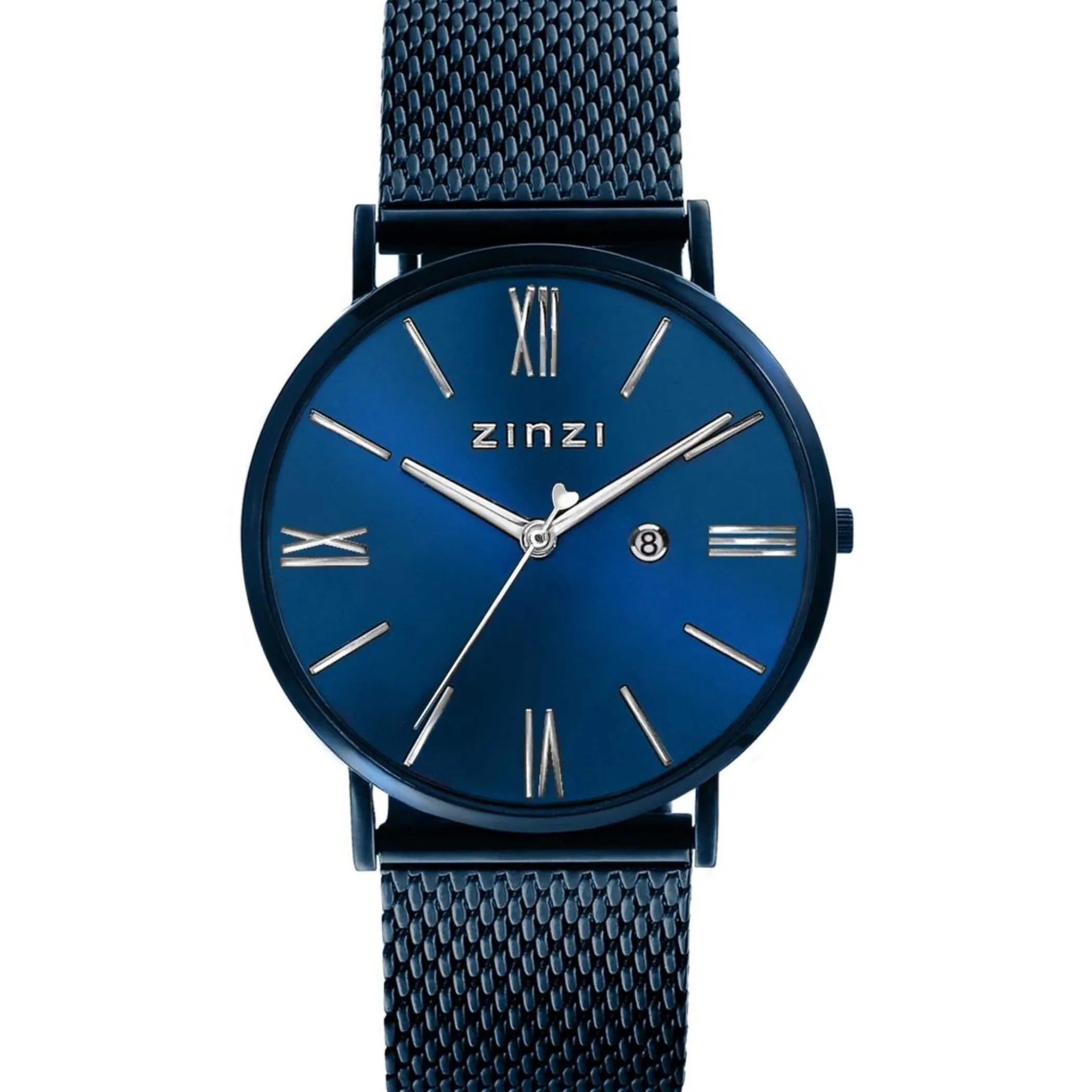 Outlet Zinzi Roman horloge blauwgekleurde wijzerplaat en kast met zilverkleurige wijzers blauwe stalen mesh band 34mm extra dun ZIW551M