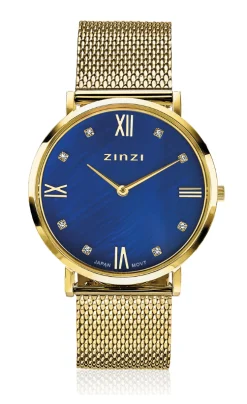 Discount Zinzi Roman horloge donkerblauwe parelmoer wijzerplaat, geelgoudkleurige stalen kast, witte zirconia's bij uuraanduiding, geelgoudkleurige stalen mesh band 34mm extra dun ZIW547M