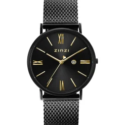 Discount Zinzi Roman horloge 34mm zwarte wijzerplaat, zwarte kast met geelvergulde wijzers zwarte stalen mesh band extra dun ZIW549M