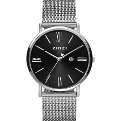 Online Zinzi Roman horloge 34mm zwarte sunray wijzerplaat en kast stalen mesh band extra dun ZIW501M