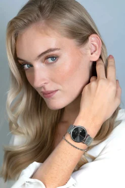 Online Zinzi Roman horloge 34mm zwarte sunray wijzerplaat en kast stalen mesh band extra dun ZIW501M