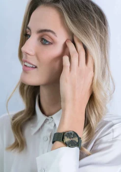 Hot Zinzi Roman horloge olijfgroene wijzerplaat en kast met goudkleurige wijzers olijfgroene stalen mesh band 34mm ZIW544M