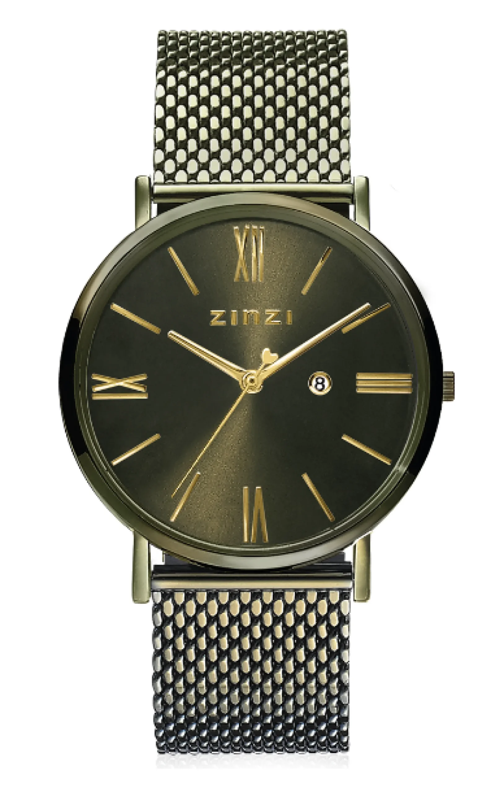 Hot Zinzi Roman horloge olijfgroene wijzerplaat en kast met goudkleurige wijzers olijfgroene stalen mesh band 34mm ZIW544M