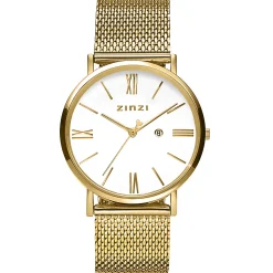 Outlet Zinzi Roman horloge witte wijzerplaat stalen kast geelgoudkleurig stalen mesh band geelgoudkleurig 34mm extra dun ZIW507M