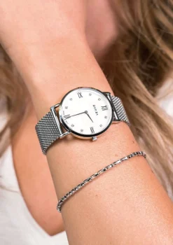 Sale Zinzi Roman horloge witte parelmoer wijzerplaat, witte zirconia's bij uuraanduiding, stalen mesh band 34mm extra dun ZIW521M