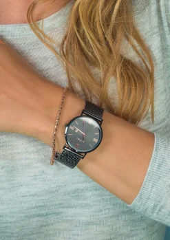 Sale Zinzi Roman horloge zwartgekleurde wijzerplaat en kast met rosé wijzers zwarte stalen mesh band 34mm extra dun ZIW509M