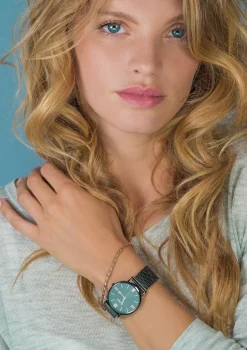 Sale Zinzi Roman horloge zwartgekleurde wijzerplaat en kast met rosé wijzers zwarte stalen mesh band 34mm extra dun ZIW509M
