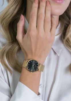 Outlet Zinzi Roman horloge zwarte wijzerplaat, witte zirconia's bij uuraanduiding, goudkleurige stalen mesh band 34mm ZIW543M