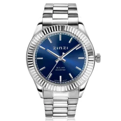 Discount Zinzi Solaris horloge met blauwe wijzerplaat, stalen kast 35mm en stalen band met clip-sluiting. Het Japanse uurwerk loopt op zon- en kunstlicht ZIW2155