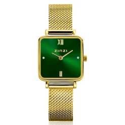 Discount Zinzi Square Mini horloge groene wijzerplaat en vierkante geelgoudkleurige kast stalen mesh band 22mm extra dun ZIW1735