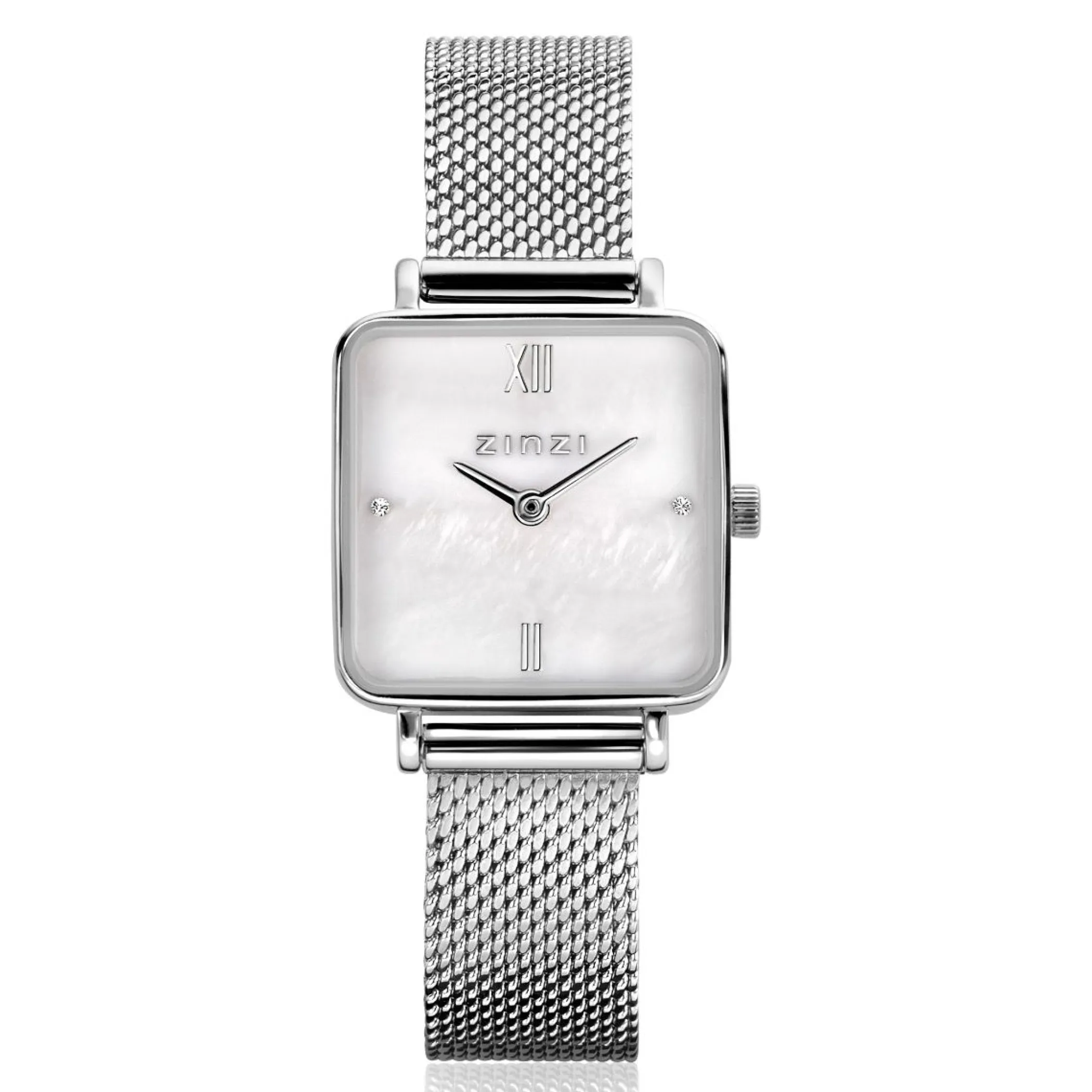 Discount Zinzi Square Mini horloge witte parelmoer wijzerplaat en vierkante zilverkleurige kast stalen mesh band 22mm extra dun ZIW1717