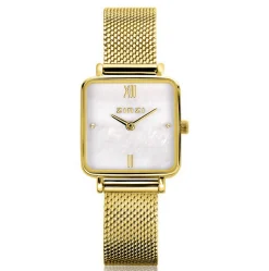 New Zinzi Square Mini horloge witte parelmoer wijzerplaat en vierkante geelgoudkleurige kast stalen mesh band 22mm extra dun ZIW1734