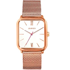 Online Zinzi Square Roman horloge witte wijzerplaat en rechthoekige roségoudkleurige kast stalen mesh band 32mm extra dun ZIW808M