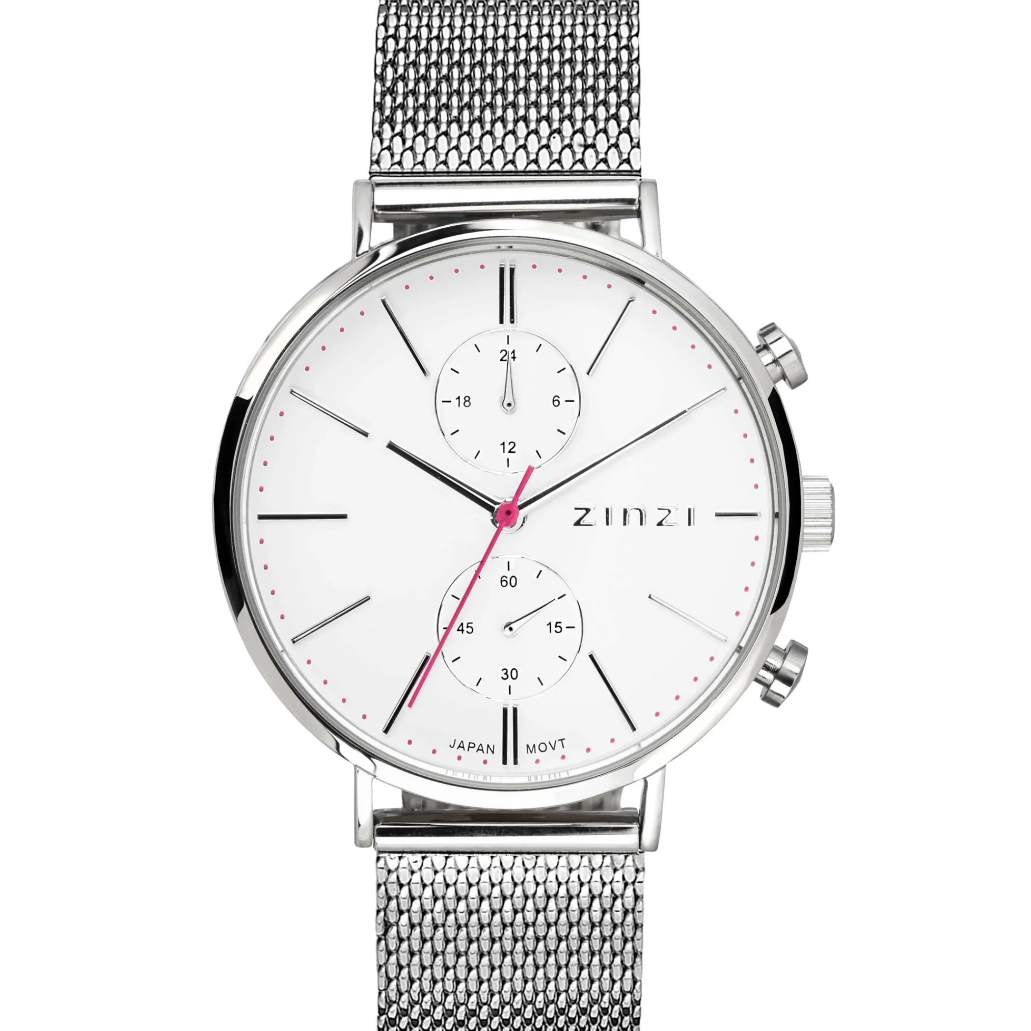 Hot Zinzi Traveller horloge witte wijzerplaat en kast stalen mesh band 39mm dual time ZIW706M