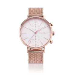 Hot Zinzi Traveller horloge witte wijzerplaat en roségoudkleurige kast stalen mesh band roségoudkleurig 39mm dual time ZIW708M