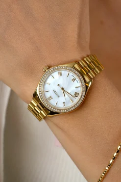 Sale Zinzi Tresor horloge 32mm bezet met witte zirkonia's, parelmoer wijzerplaat en goudkleurige stalen kast en schakelband ZIW2434