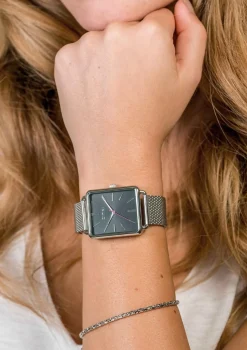 New Zinzi Vintage Retro horloge zwarte wijzerplaat en rechthoekige kast stalen mesh band 34mm extra dun ZIW901M