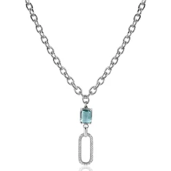 Zinzi zilveren ovale schakel ketting 45cm met luxe hanger met ovale schakel, bezet met witte zirconia's. En groenachtig blauwe (petrol) kleursteen in vierpootszetting ZIC2487