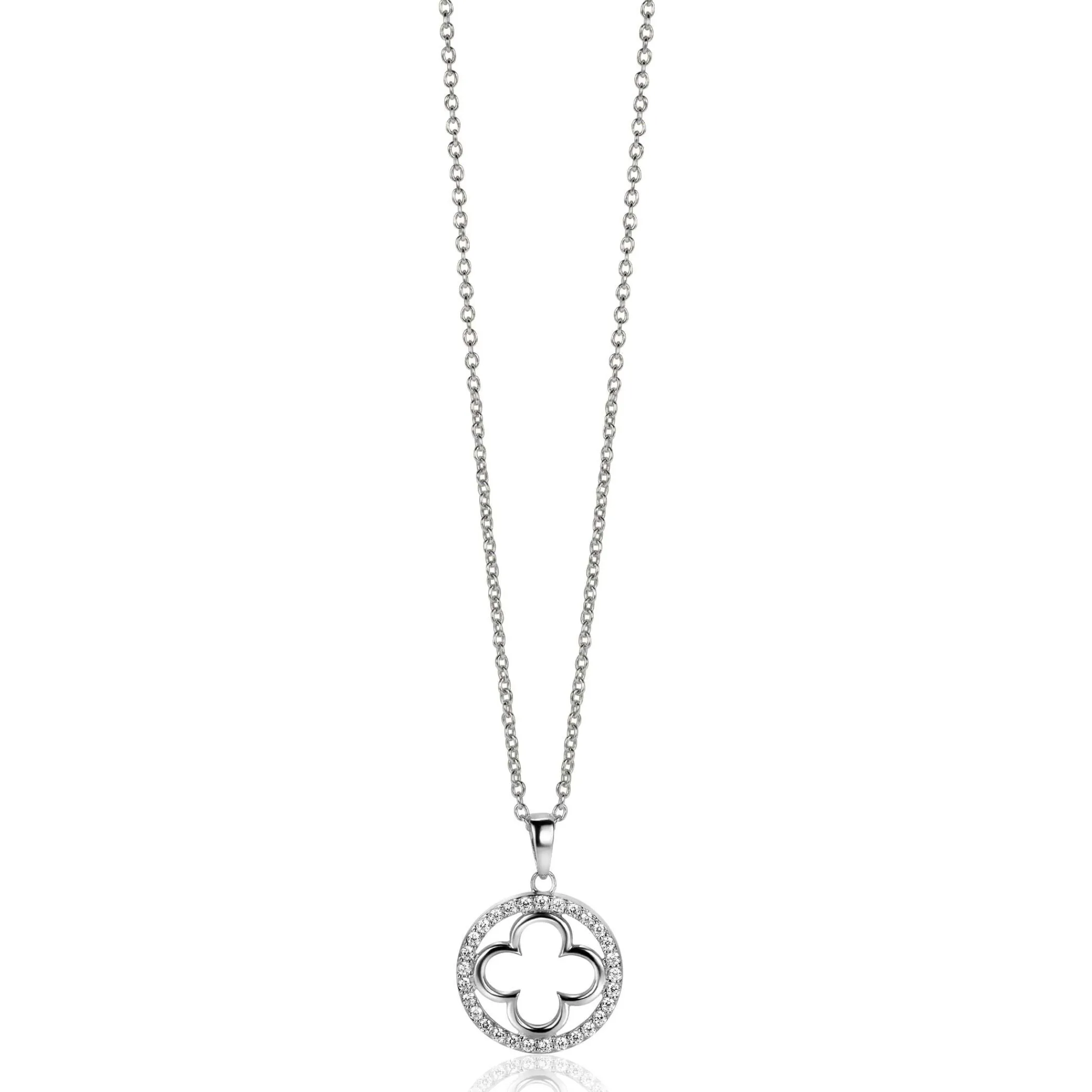 New Zinzi zilveren anker ketting met luxe klaver hanger (15mm) rondom bezet met witte zirconia's 45-48cm ZIC2617