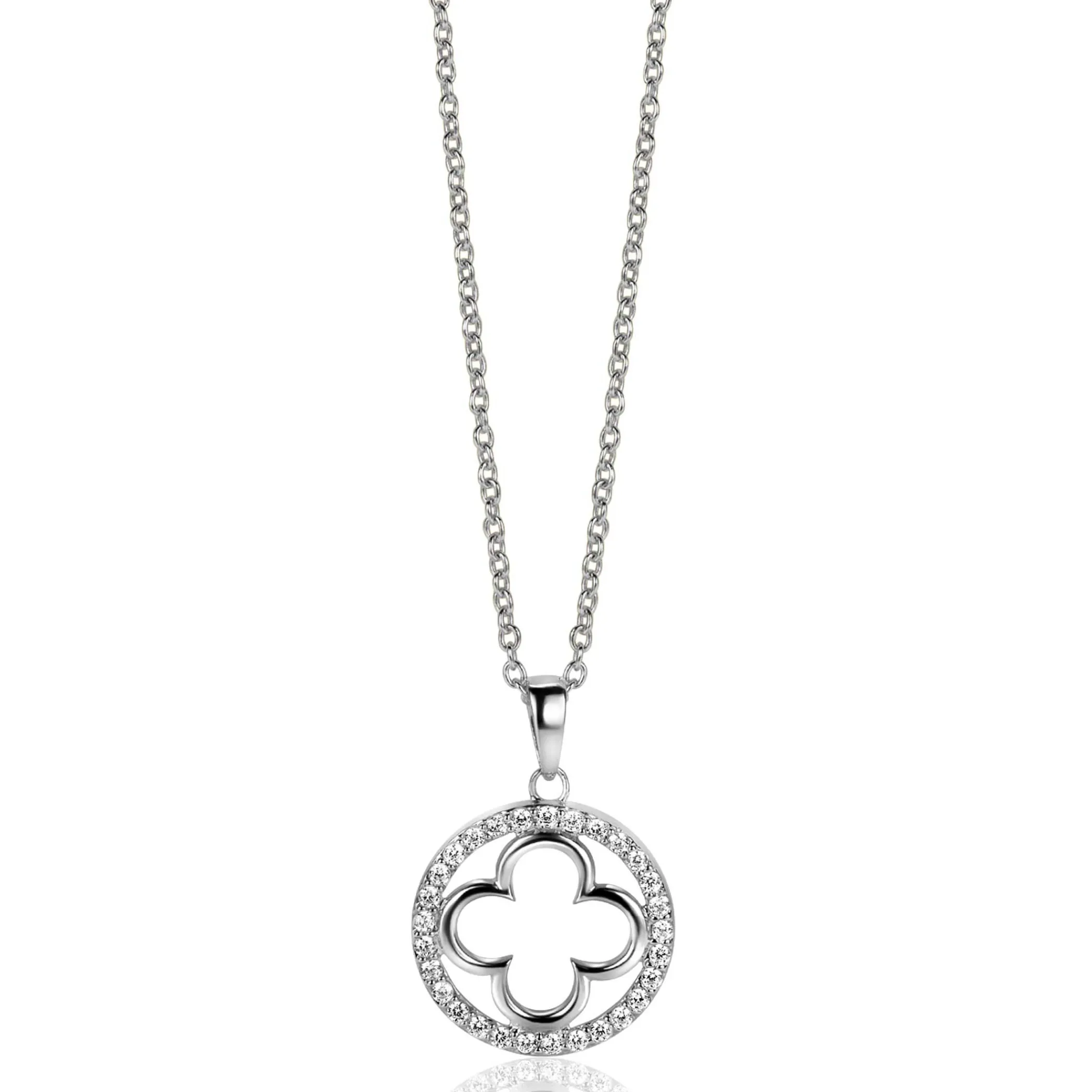 New Zinzi zilveren anker ketting met luxe klaver hanger (15mm) rondom bezet met witte zirconia's 45-48cm ZIC2617