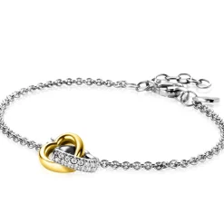 Clearance Zinzi zilveren armband bicolor schakel met twee harten verbonden 17-20cm ZIA2276