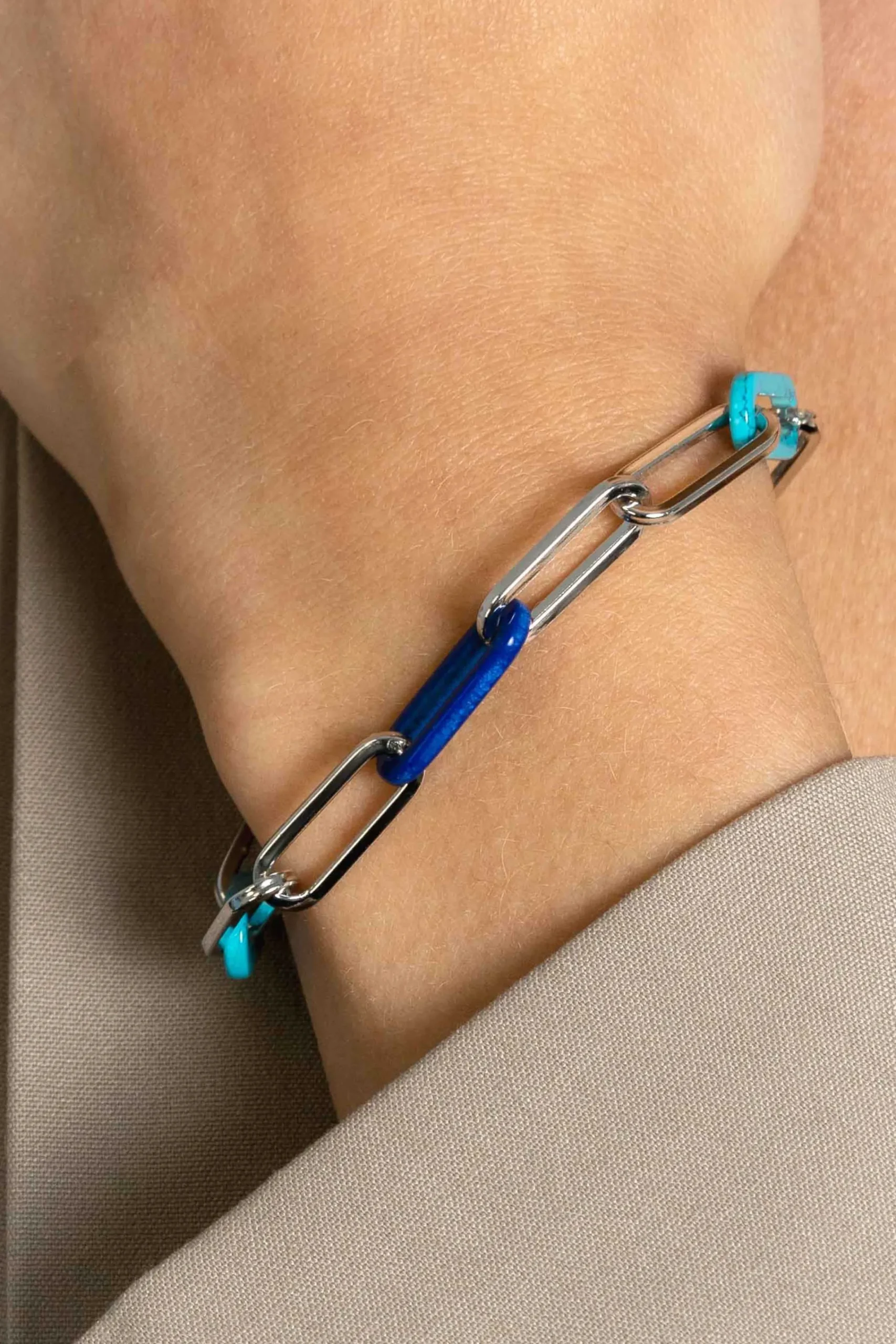 Hot Zinzi zilveren armband met paperclip-schakels en trendy schakels in turquoise en lapisblauw 19cm ZIA2456