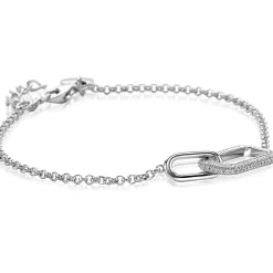 Clearance Zinzi zilveren armband met twee verbonden schakels: een rechthoekige bezet met witte zirconia's en een gladde ovale schakel 16,5-19,5cm ZIA2551