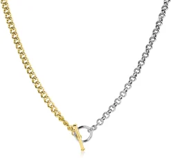 Hot Zinzi zilveren bicolor ketting met trendy jasseron en gold plated gourmet schakels, met kapittel-sluiting 42-45cm ZIC2387