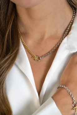 Hot Zinzi zilveren bicolor ketting met trendy jasseron en gold plated gourmet schakels, met kapittel-sluiting 42-45cm ZIC2387