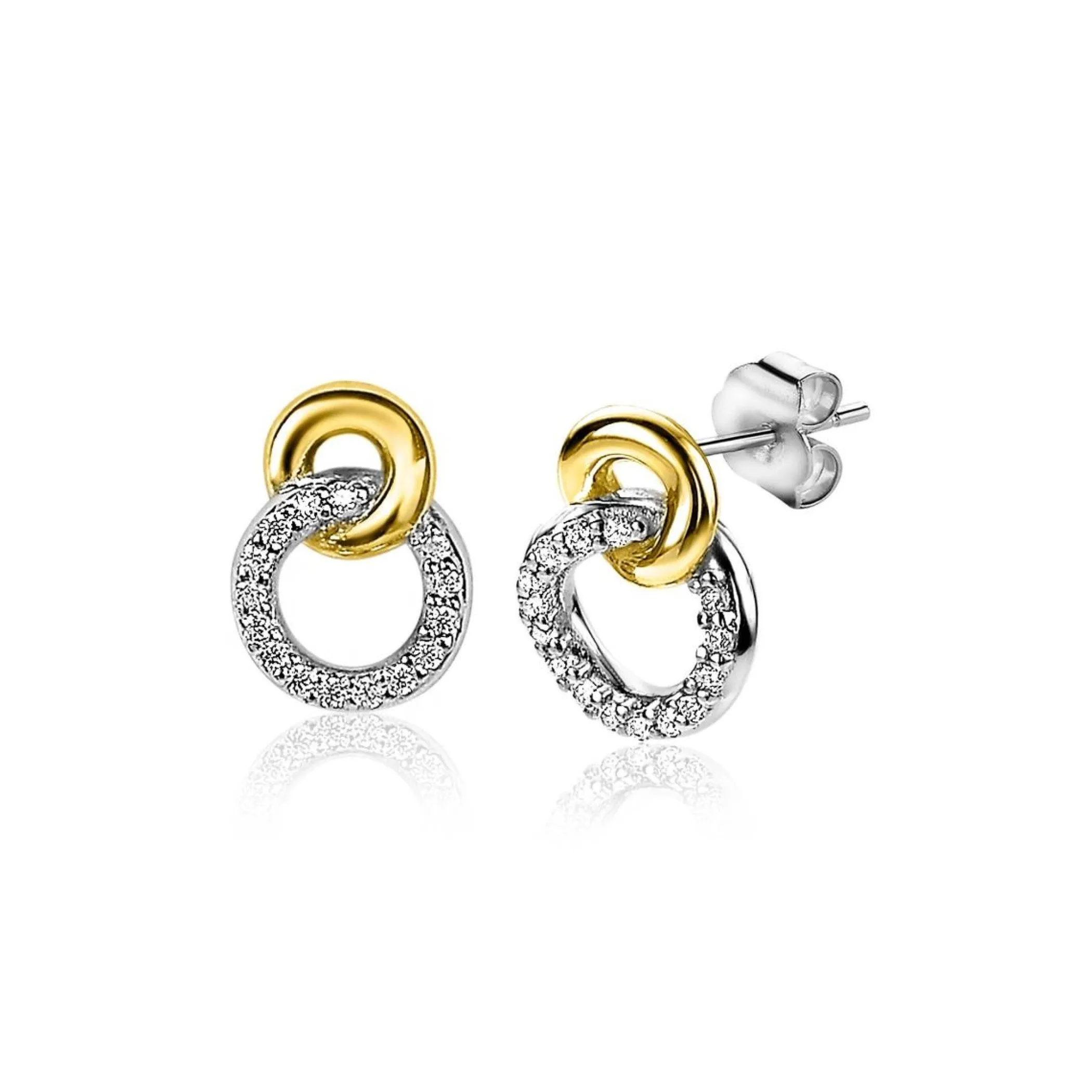 Hot Zinzi zilveren bicolor oorknoppen 11mm verbonden rondjes glad en witte zirconia ZIO2045Y