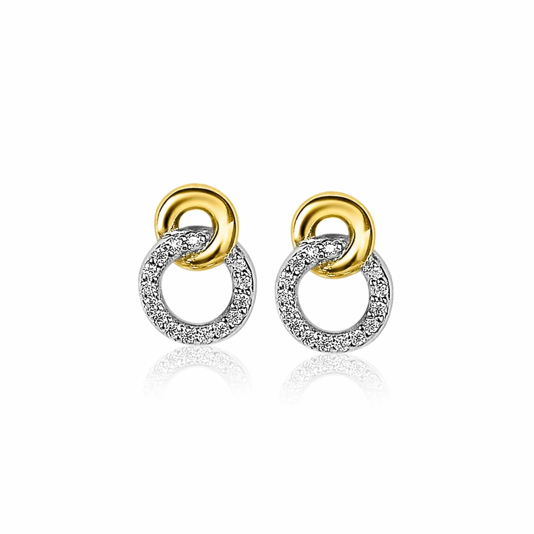 Hot Zinzi zilveren bicolor oorknoppen 11mm verbonden rondjes glad en witte zirconia ZIO2045Y