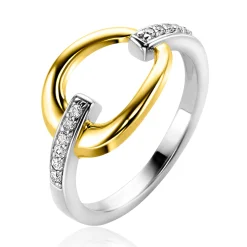 Clearance Zinzi zilveren bicolor ring met gold plated open druppelvorm, witte zirconia's in scheen ZIR1709Y