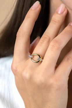 Clearance Zinzi zilveren bicolor ring met gold plated open druppelvorm, witte zirconia's in scheen ZIR1709Y