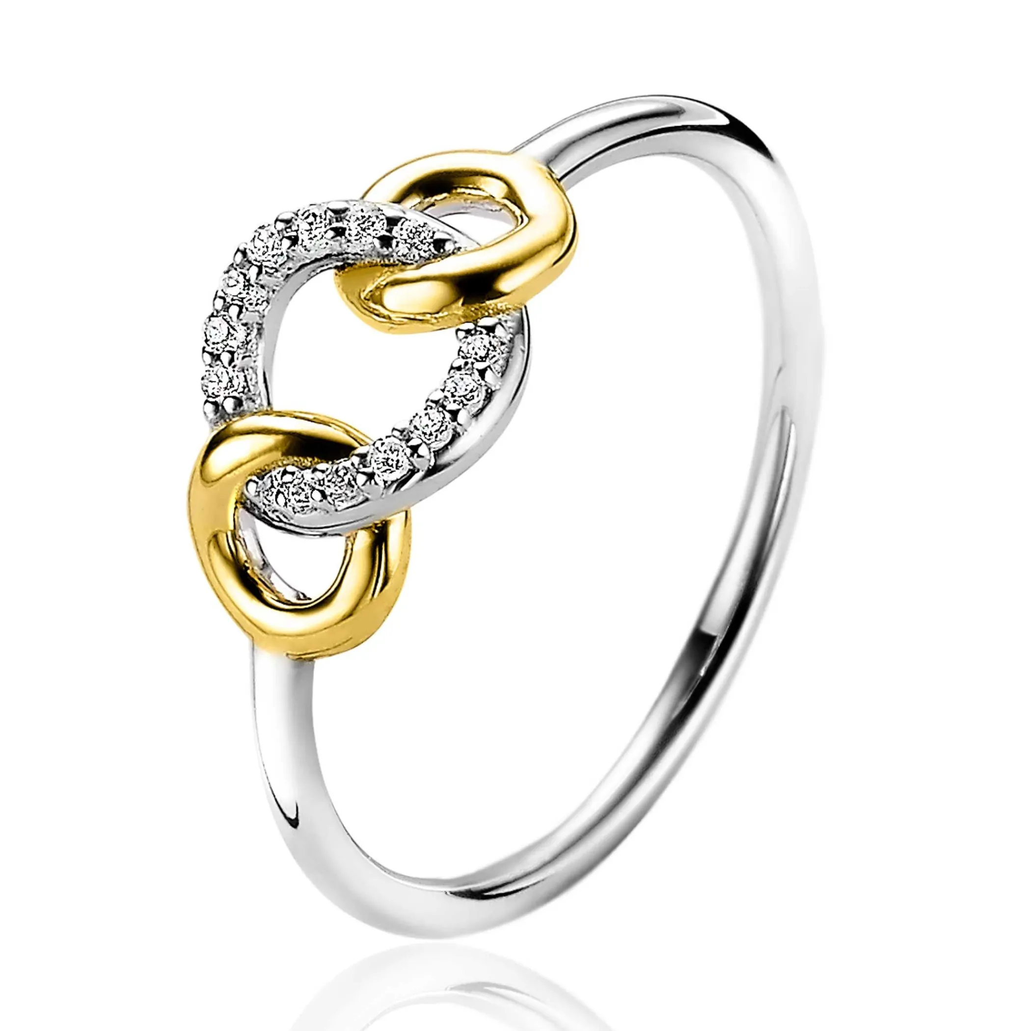 New Zinzi zilveren bicolor ring 3 verbonden cirkels wit ZIR2045Y