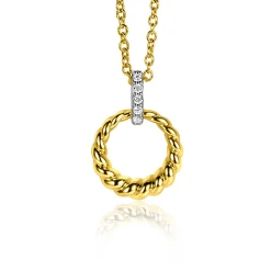 New Zinzi zilveren bicolor ronde hanger 15mm gedraaid motief, hangoog bezet met witte zirconia's ZIH2403Y (zonder collier)