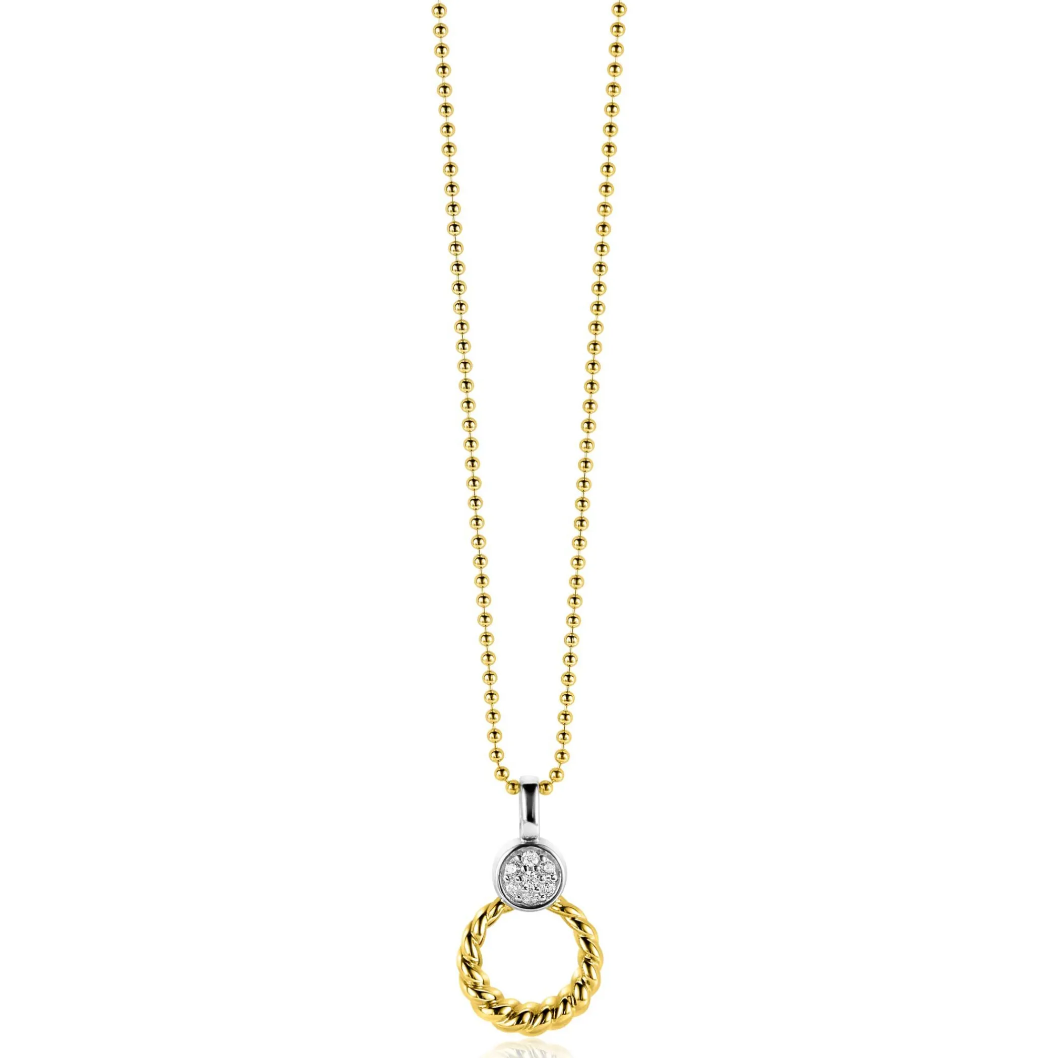 Discount Zinzi zilveren bicolor ronde hanger 20mm gedraaid motief, bezet met witte zirconia's ZIH2390Y (zonder collier)